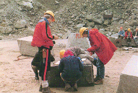 Picture of six people examining a block of rock in a quarry.